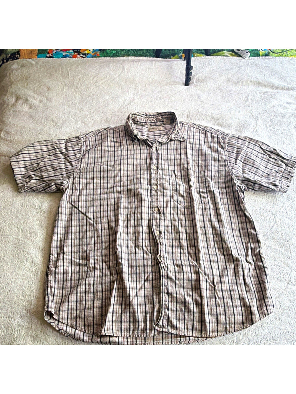 St. John's Bay Men's XL Plaid Beige Black White Cotton Woven Short Sleeve Shirt